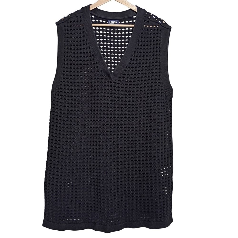 Lands' End Open Knit Sweater Vest Tunic V Neck Loose Fit Womens L Cotton Blend